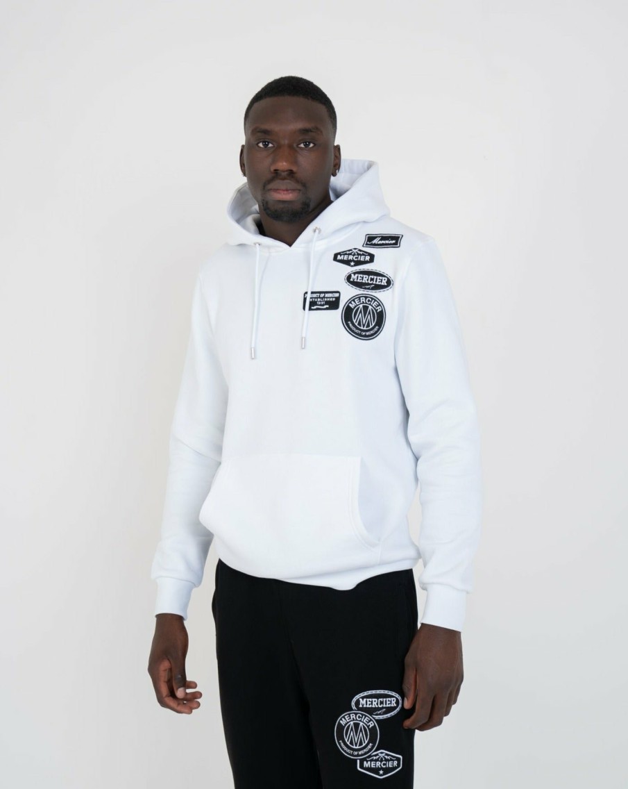 Vetements Pour Hommes Mercier | Sweat A Capuche Blanc A Badge Mono